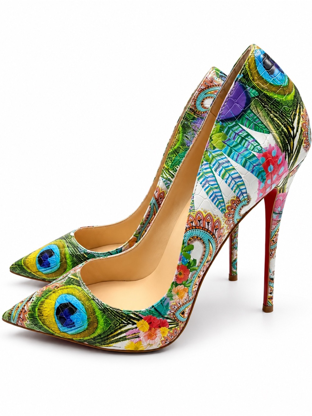 Colorful Peacock-Print Pointed Toe Stiletto Pumps - Green Multi